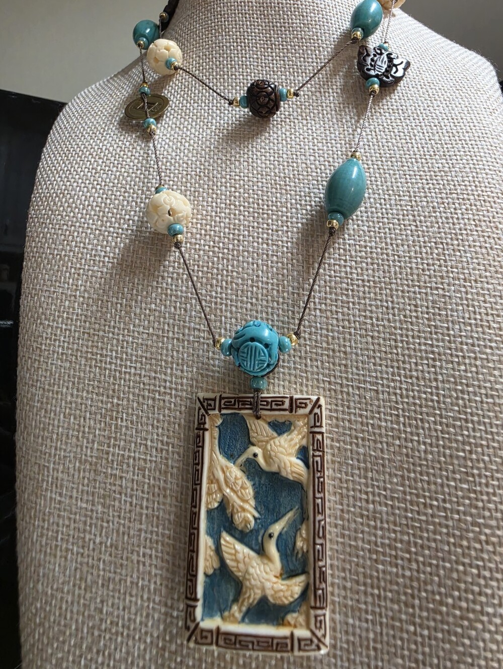 Vintage Asian Export Carved Turquoise Shou Bead-Bone - Brass- Wood Necklace